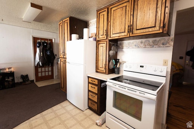 960 N 100 W, Tremonton, UT 84337 - kitchen featuring white appliances, brown cabinetry, light countertops, a textured ceiling, and light floors