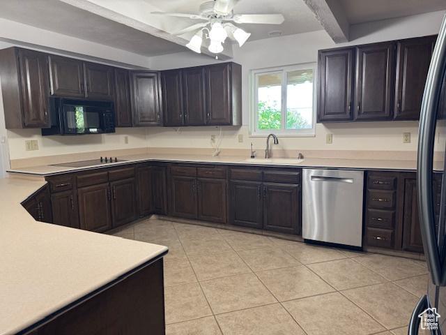 2727 N 700 E, Provo, UT 84604 - kitchen with black appliances, light tile patterned floors, light countertops, ceiling fan, and beamed ceiling