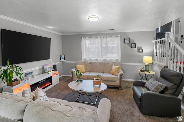 70 E 135 N, Orem, UT 84057 - living area with carpet flooring, crown molding, stairs, and a glass covered fireplace