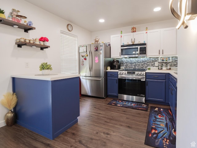 1193 W Dun Robin Ct, Murray, UT 84123 - kitchen with appliances with stainless steel finishes, blue cabinetry, light countertops, decorative backsplash, and dark wood-style flooring
