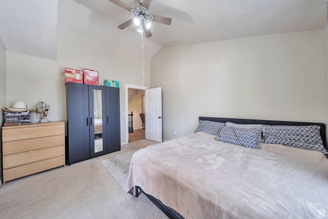 637 W Chase Ln, Centerville, UT 84014 - bedroom with light colored carpet, vaulted ceiling, and ceiling fan