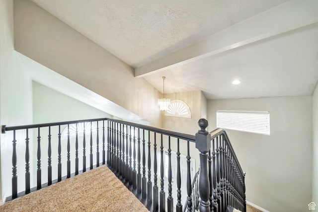 637 W Chase Ln, Centerville, UT 84014 - staircase featuring beamed ceiling, a chandelier, and a textured ceiling