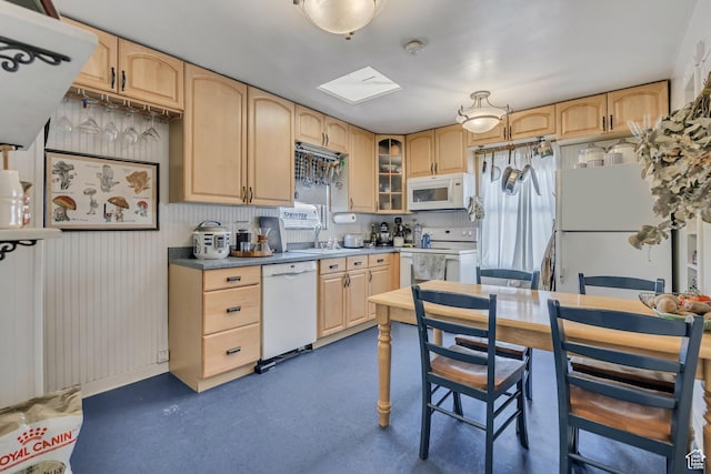 322 E Crawford Ave, Murray, UT 84107 - kitchen featuring white appliances, light brown cabinetry, and glass insert cabinets