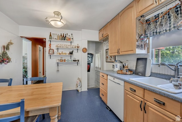 322 E Crawford Ave, Murray, UT 84107 - kitchen featuring white dishwasher, light brown cabinetry, and open shelves