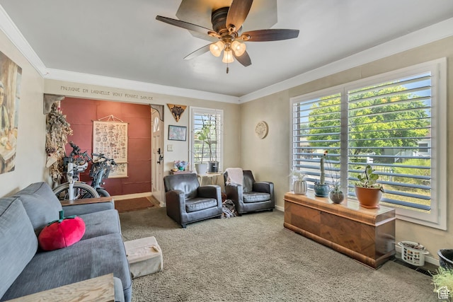 322 E Crawford Ave, Murray, UT 84107 - carpeted living area with ceiling fan and ornamental molding