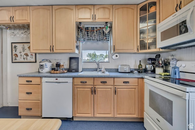 322 E Crawford Ave, Murray, UT 84107 - kitchen with white appliances, light brown cabinetry, and glass insert cabinets