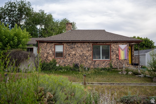 322 E Crawford Ave, Murray, UT 84107 - view of front of property with stone siding, a chimney, and a shingled roof