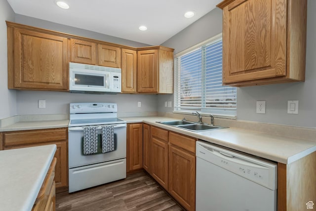 153 E Main St Unit B, Santaquin, UT 84655 - kitchen featuring white appliances, dark wood-type flooring, recessed lighting, and light countertops
