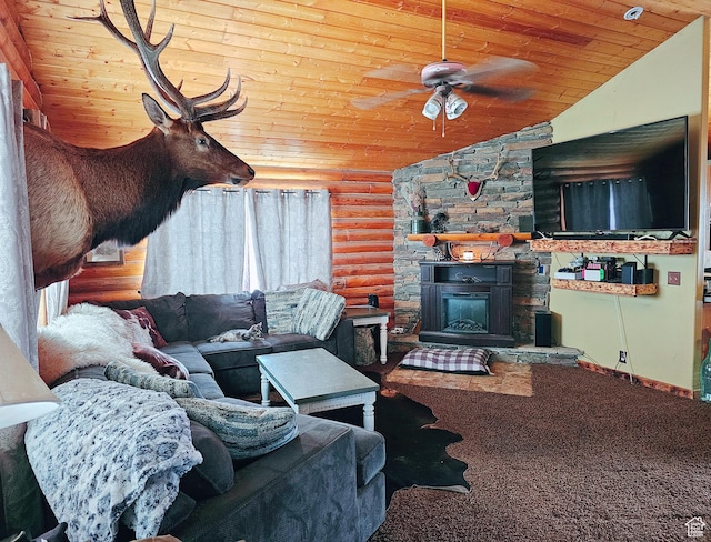 268 W Peach St, Grantsville, UT 84029 - living room featuring wood ceiling, log walls, a ceiling fan, lofted ceiling, and a stone fireplace