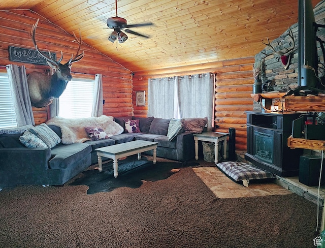 268 W Peach St, Grantsville, UT 84029 - carpeted living area featuring rustic walls, wooden ceiling, ceiling fan, lofted ceiling, and a wood stove