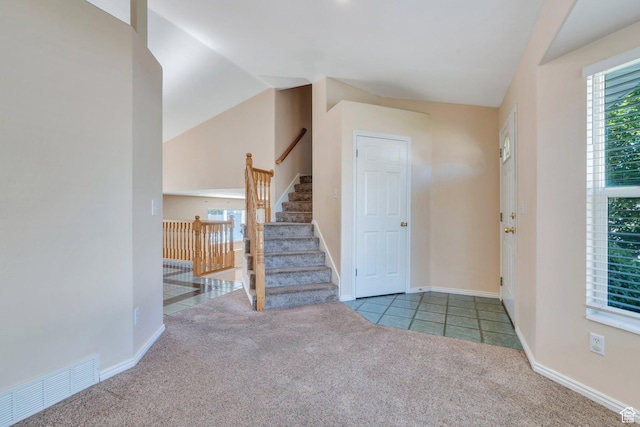 2086 N 1100 E, Lehi, UT 84043 - carpeted foyer entrance featuring stairs, lofted ceiling, and tile patterned floors
