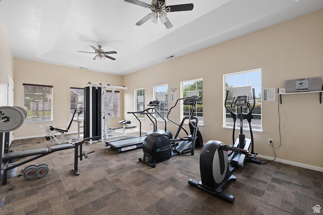 13574 S Cantania Way, Draper, UT 84020 - gym featuring ceiling fan, a raised ceiling, and carpet
