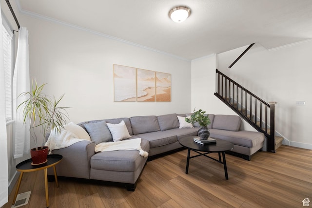 13574 S Cantania Way, Draper, UT 84020 - living area with stairway, ornamental molding, and wood finished floors