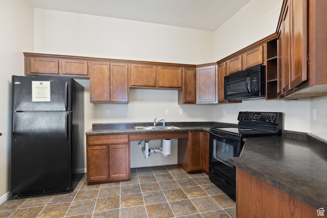 13574 S Cantania Way, Draper, UT 84020 - kitchen featuring black appliances, dark countertops, open shelves, and brown cabinetry