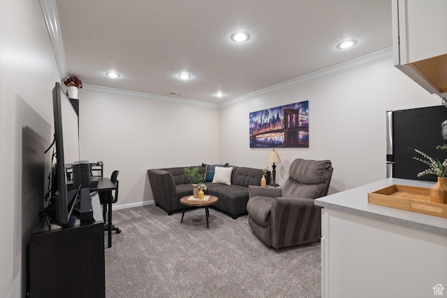 13574 S Cantania Way, Draper, UT 84020 - living area featuring light colored carpet, ornamental molding, and recessed lighting