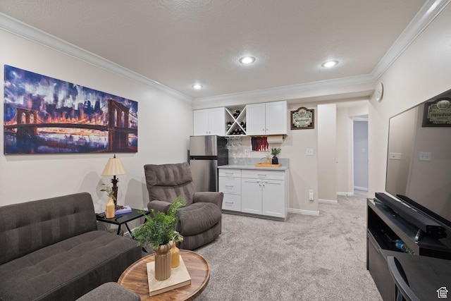 13574 S Cantania Way, Draper, UT 84020 - living room with wet bar, light colored carpet, crown molding, and recessed lighting