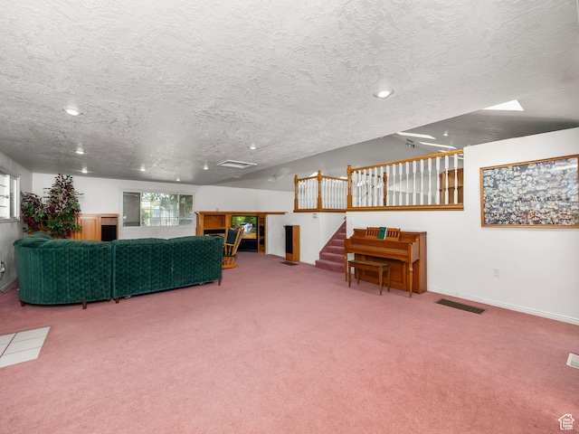550 S 700 W, Payson, UT 84651 - living room with carpet floors, a textured ceiling, stairs, recessed lighting, and ceiling fan