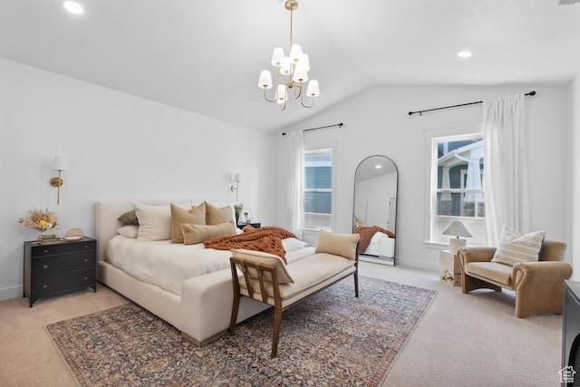 11449 S Bingham Rim Rd, South Jordan, UT 84009 - bedroom with light carpet, vaulted ceiling, a chandelier, and recessed lighting