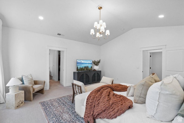 11449 S Bingham Rim Rd, South Jordan, UT 84009 - bedroom featuring a chandelier, carpet flooring, vaulted ceiling, and recessed lighting