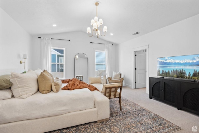 11449 S Bingham Rim Rd, South Jordan, UT 84009 - bedroom with carpet, lofted ceiling, a chandelier, and recessed lighting