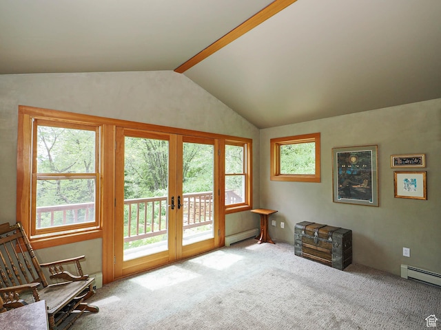 2137 N Pinecrest Canyon Rd Unit 35, Emigration Canyon, UT 84108 - sitting room with a baseboard heating unit, vaulted ceiling, french doors, and carpet floors