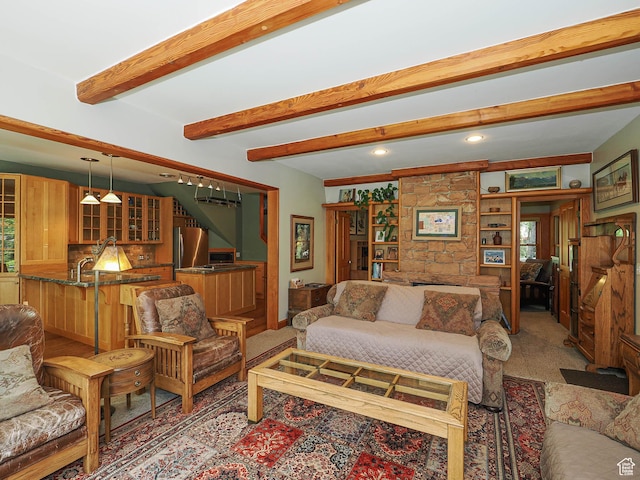 2137 N Pinecrest Canyon Rd Unit 35, Emigration Canyon, UT 84108 - living room with beam ceiling, light carpet, and recessed lighting