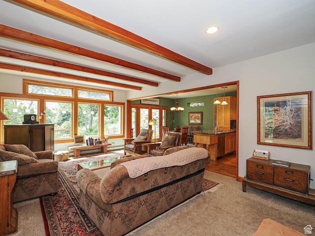 2137 N Pinecrest Canyon Rd Unit 35, Emigration Canyon, UT 84108 - carpeted living room featuring beamed ceiling, recessed lighting, and a chandelier
