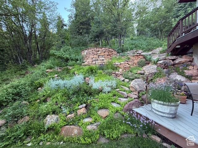 2137 N Pinecrest Canyon Rd Unit 35, Emigration Canyon, UT 84108 - view of yard featuring a deck and a wooded view