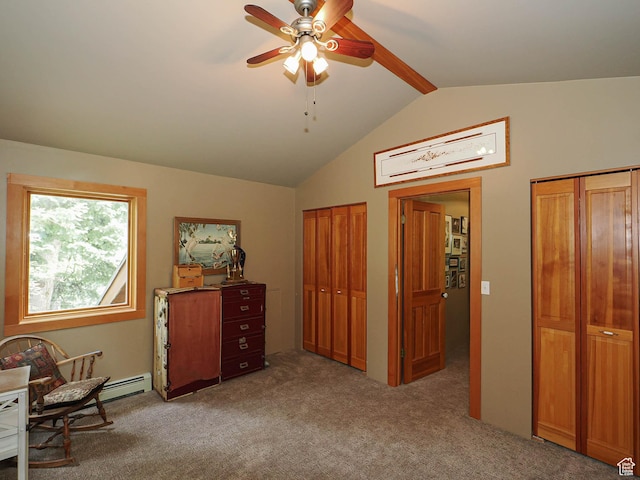 2137 N Pinecrest Canyon Rd Unit 35, Emigration Canyon, UT 84108 - living area featuring a ceiling fan, lofted ceiling, carpet, and baseboard heating