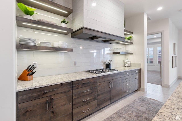 3780 W Arcadia Dr Unit 25, Santa Clara, UT 84765 - kitchen featuring open shelves, stainless steel gas cooktop, decorative backsplash, light tile patterned flooring, and recessed lighting