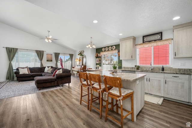 893 N 300 W, Santaquin, UT 84655 - kitchen featuring wood finished floors, lofted ceiling, light stone countertops, a ceiling fan, and dishwasher