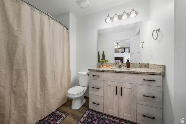 893 N 300 W, Santaquin, UT 84655 - bathroom featuring wood finished floors, vanity, a ceiling fan, and a fireplace