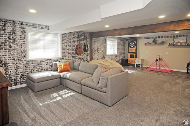 2857 W 2250 N, Clinton, UT 84015 - carpeted living room featuring brick wall and recessed lighting