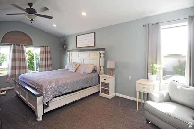 2857 W 2250 N, Clinton, UT 84015 - bedroom featuring dark carpet, recessed lighting, vaulted ceiling, and a ceiling fan