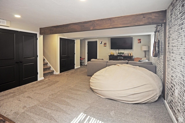 2857 W 2250 N, Clinton, UT 84015 - living room featuring carpet, brick wall, stairway, and recessed lighting