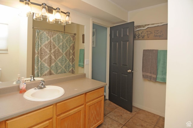 2857 W 2250 N, Clinton, UT 84015 - bathroom with vanity, tile patterned flooring, a chandelier, and a shower with shower curtain
