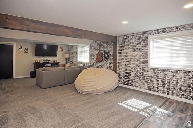 2857 W 2250 N, Clinton, UT 84015 - carpeted living area with brick wall, recessed lighting, and beamed ceiling
