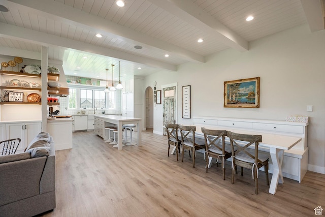 905 S Coldwater Way, Midway, UT 84049 - dining space featuring arched walkways, light wood-type flooring, a wood ceiling with exposed beams, and recessed lighting