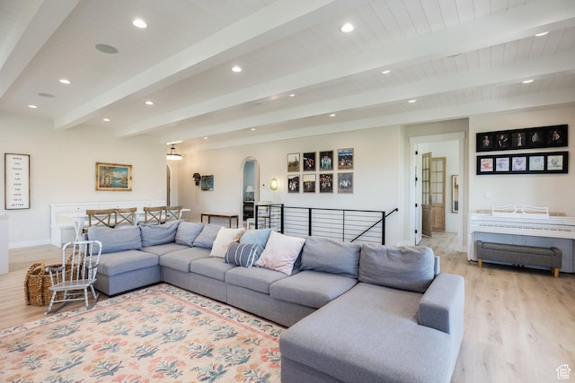 905 S Coldwater Way, Midway, UT 84049 - living room featuring arched walkways, light wood-style floors, beamed ceiling, and recessed lighting