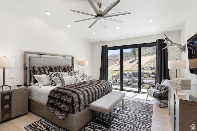 13202 N Alexis Dr, Heber City, UT 84036 - bedroom featuring access to outside, light wood-type flooring, recessed lighting, and ceiling fan
