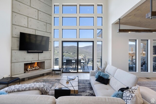 13202 N Alexis Dr, Heber City, UT 84036 - living area featuring wood finished floors, healthy amount of natural light, a large fireplace, and a high ceiling