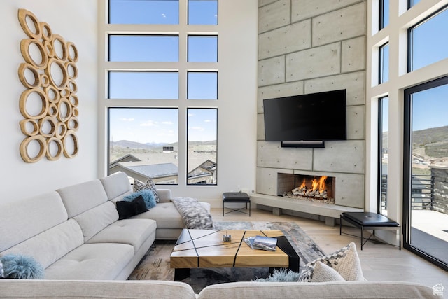 13202 N Alexis Dr, Heber City, UT 84036 - living room with a high ceiling, healthy amount of natural light, wood finished floors, and a warm lit fireplace