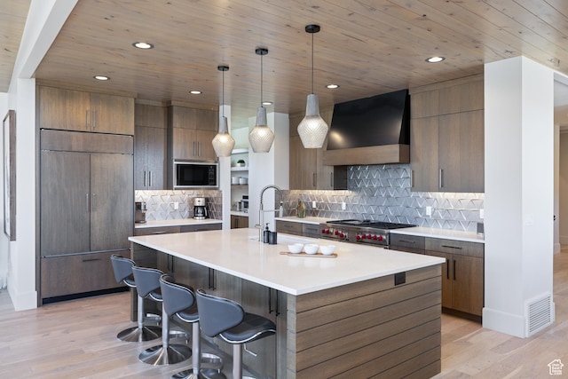 13202 N Alexis Dr, Heber City, UT 84036 - kitchen featuring wall chimney exhaust hood, built in appliances, modern cabinets, wood ceiling, and backsplash