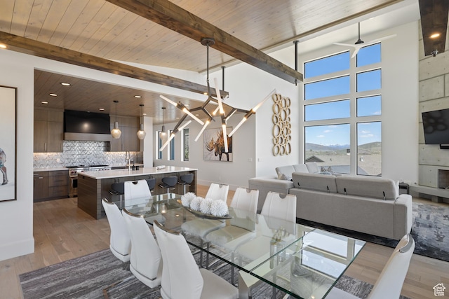13202 N Alexis Dr, Heber City, UT 84036 - dining space featuring a wooden ceiling with exposed beams, wood finished floors, healthy amount of natural light, and recessed lighting