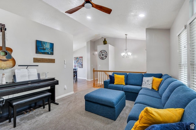 1666 N 160 W, Layton, UT 84041 - living room featuring vaulted ceiling, a ceiling fan, a chandelier, carpet flooring, and recessed lighting