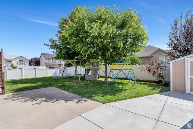 1666 N 160 W, Layton, UT 84041 - fenced backyard featuring a playground, a patio area, a storage shed, and a residential view