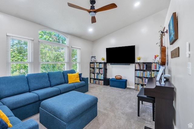 1666 N 160 W, Layton, UT 84041 - living room with lofted ceiling, a ceiling fan, carpet floors, and recessed lighting