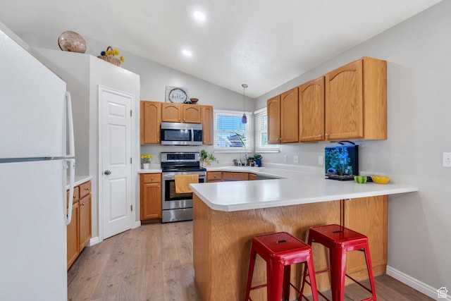 1666 N 160 W, Layton, UT 84041 - kitchen with stainless steel appliances, a peninsula, lofted ceiling, light wood-style floors, and light countertops