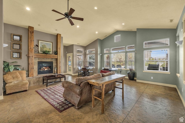 1043 S 500 E Unit G304, Heber City, UT 84032 - living area featuring a glass covered fireplace, a ceiling fan, recessed lighting, and high vaulted ceiling