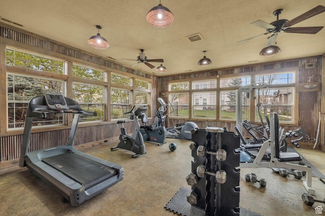 1043 S 500 E Unit G304, Heber City, UT 84032 - exercise room with ceiling fan, wooden walls, plenty of natural light, and a textured ceiling